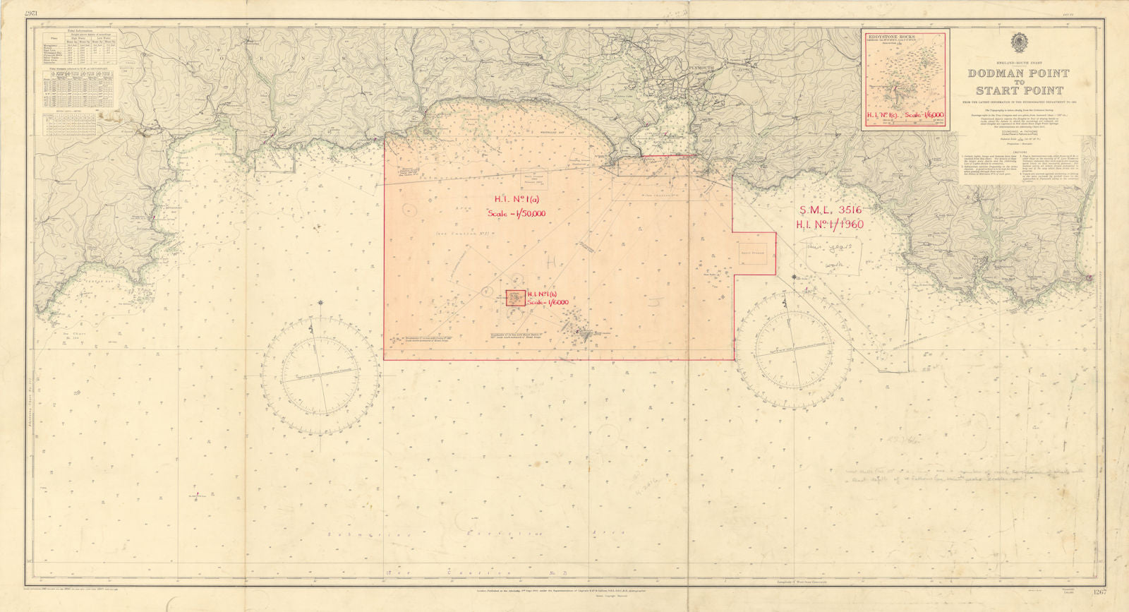 South Devon Cornwall Mevagissey-Salcombe ADMIRALTY sea chart 1955 (1957) map